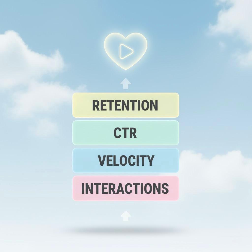 Conceptual illustration of a social post rising through labeled algorithm layers including Retention, CTR, Velocity, and Interactions on a soft gradient background.