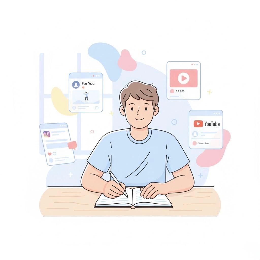 Creator planning a social media post at a desk with Instagram, TikTok, and YouTube interface elements floating around on a light pastel background.