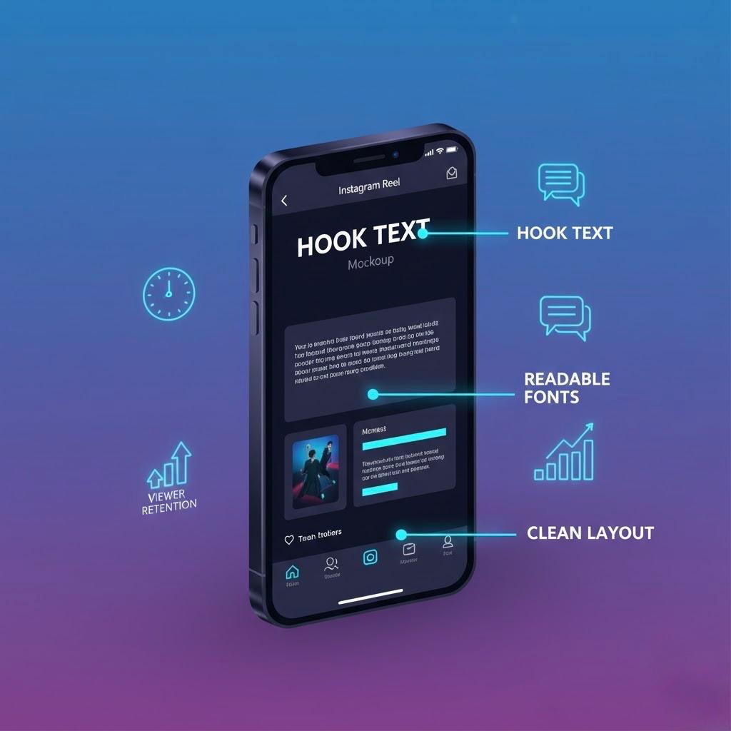 Infographic-style mockup of an Instagram Reel showing labeled sections for hook text, readable fonts, and clean layout with modern UI elements.