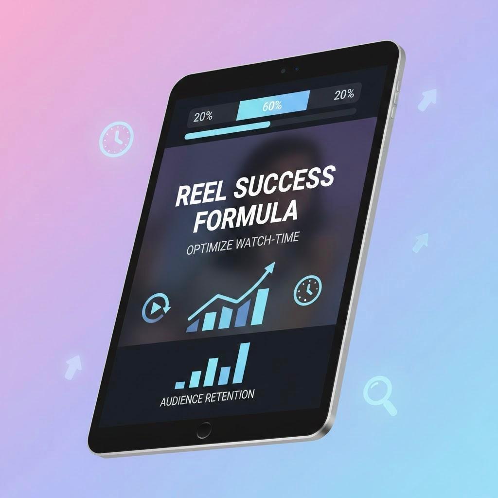 Illustration of a smartphone displaying an optimized Instagram Reel layout with retention indicators, clean fonts, and gradient digital marketing background.