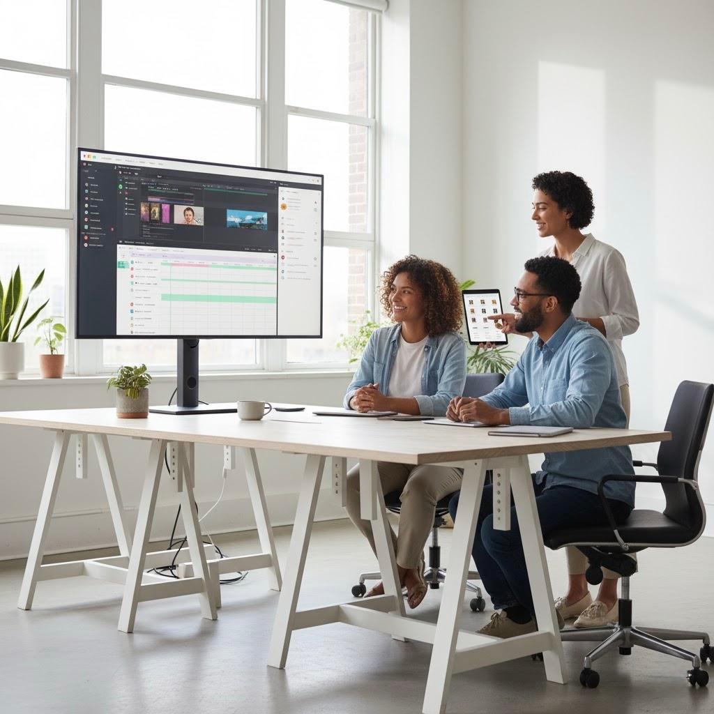 Three digital creators collaborating in a bright studio with screens showing content schedules and posting timelines.